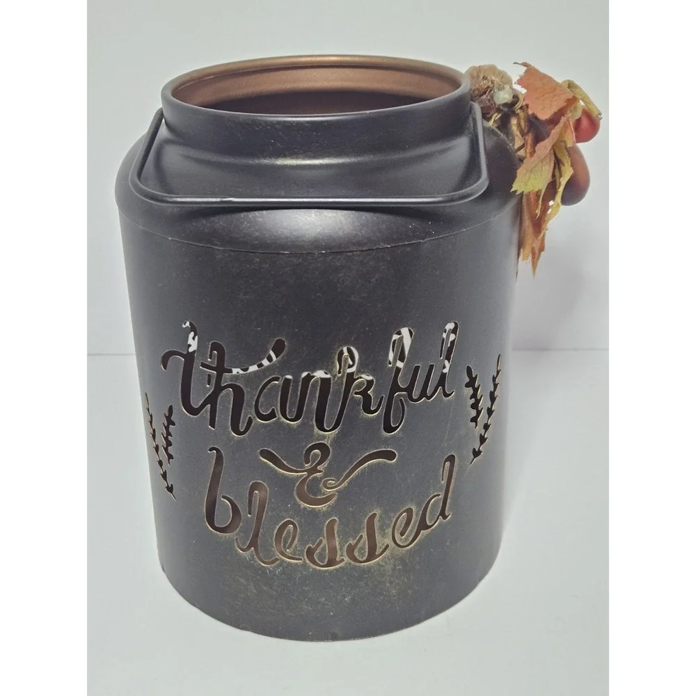 Thankful & Blessed Metal Candle Holder Cutout Jar Faux Foliage Acorn Fall Decor